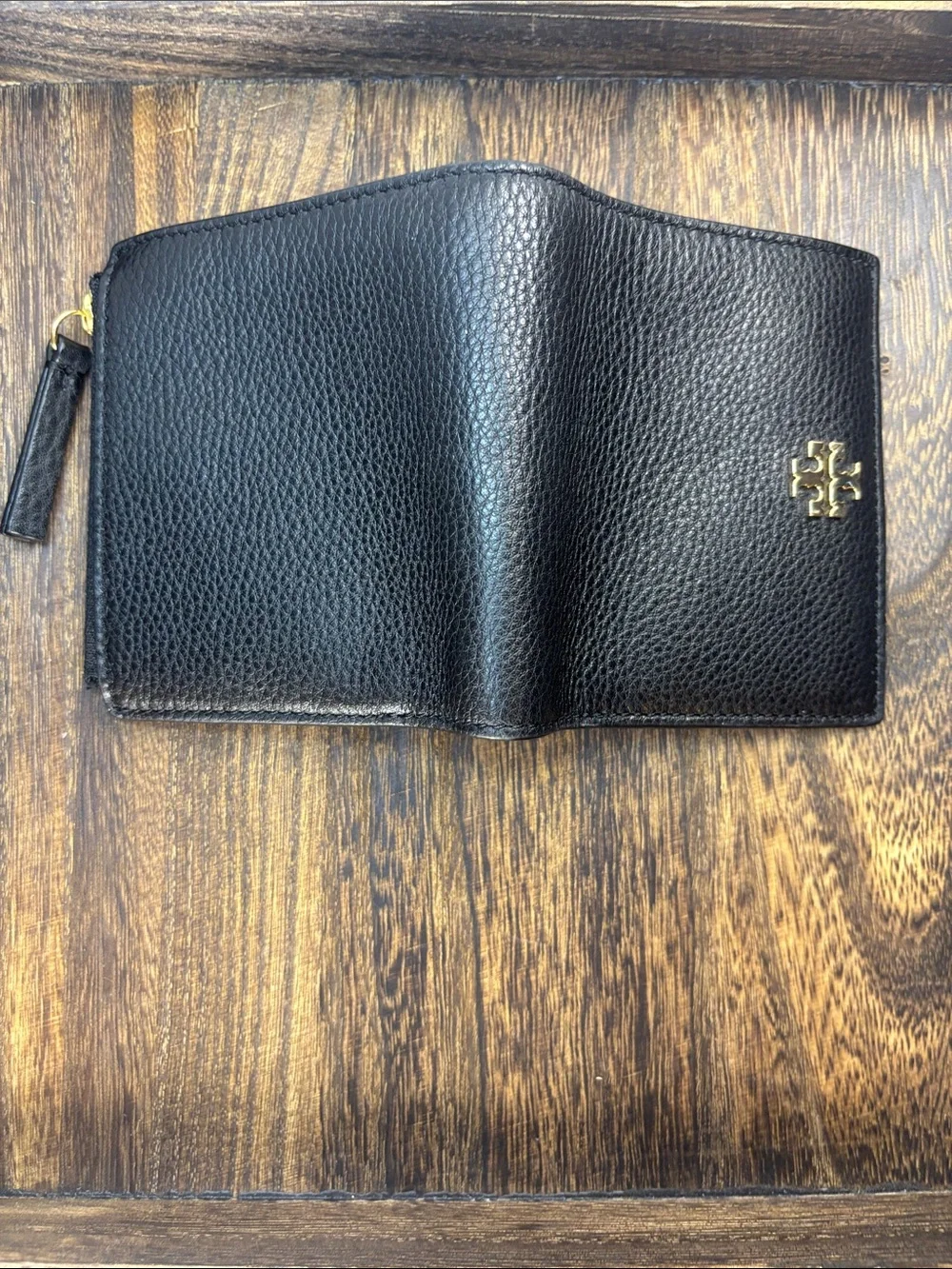 Tory Burch Black Pebbled Leather Zip-Around Wallet with Gold Logo